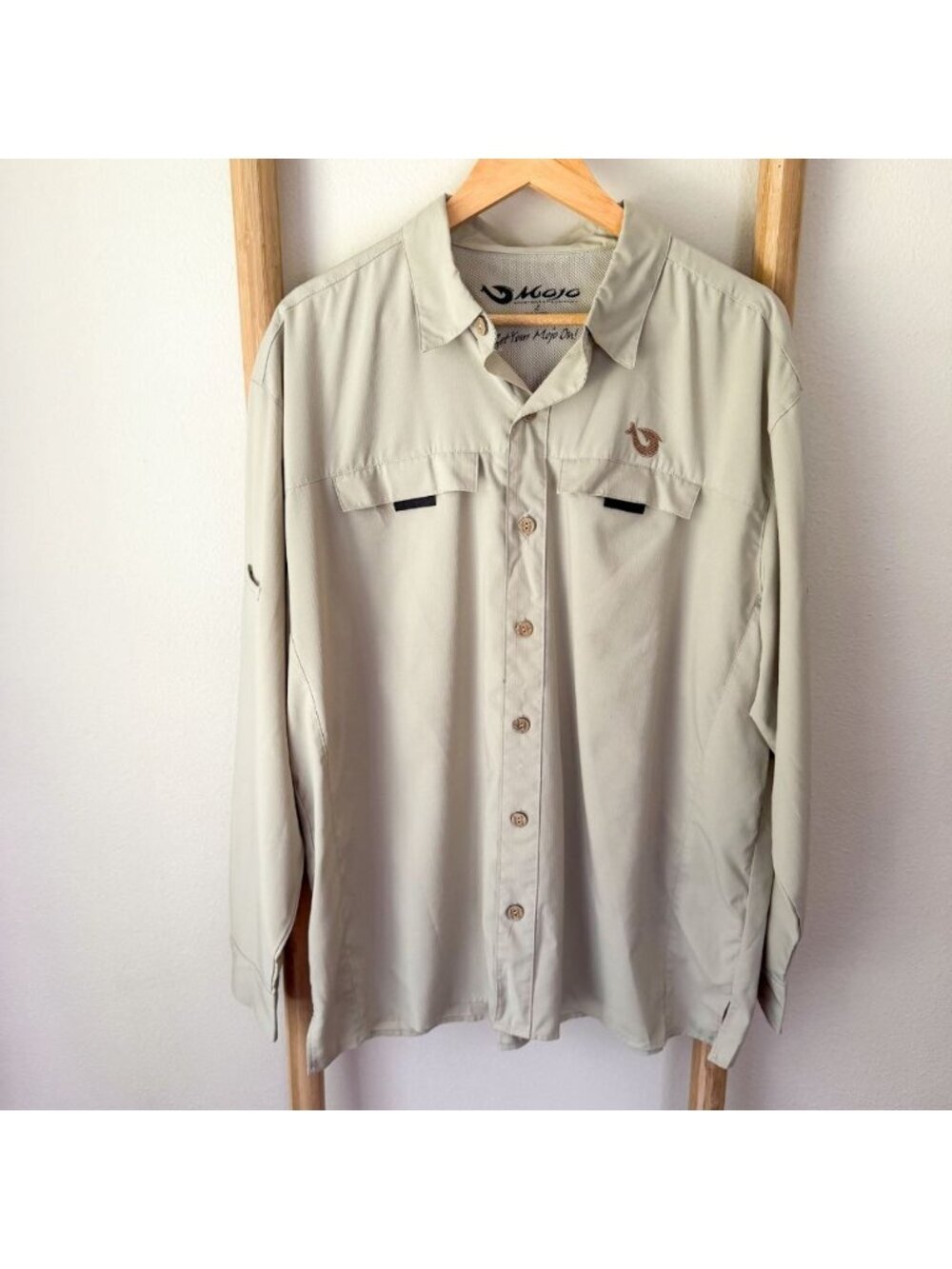 Mojo Sportswear Fishing Shirt Mens Large Khaki Performance Long Sleeve Outdoor